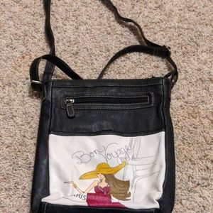 Black leather shoulder bag.